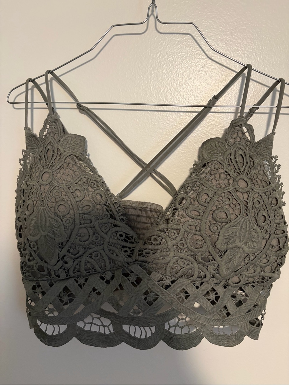 Anemone Olive Green Lace Bralette with Crisscross Back